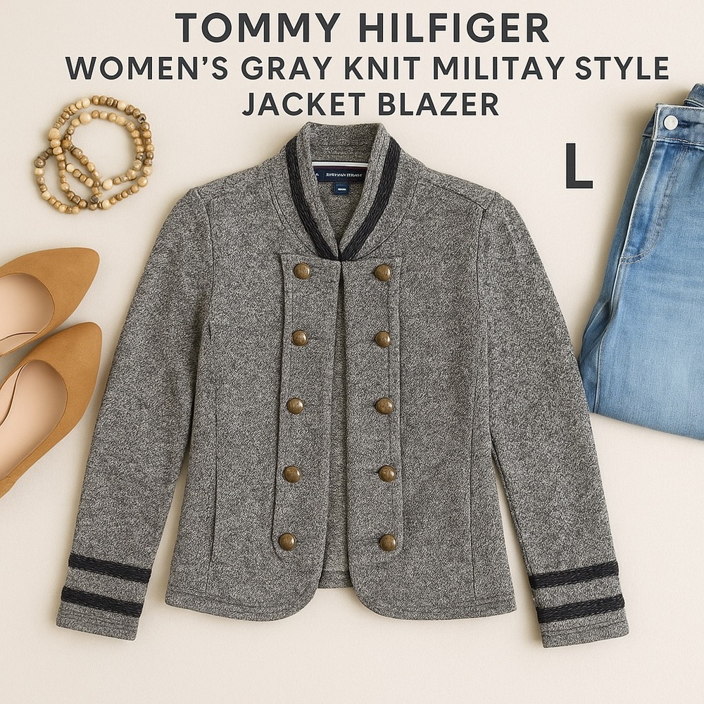 Tommy Hilfiger Gray Knit Military Style Blazer Jacket | Size Large